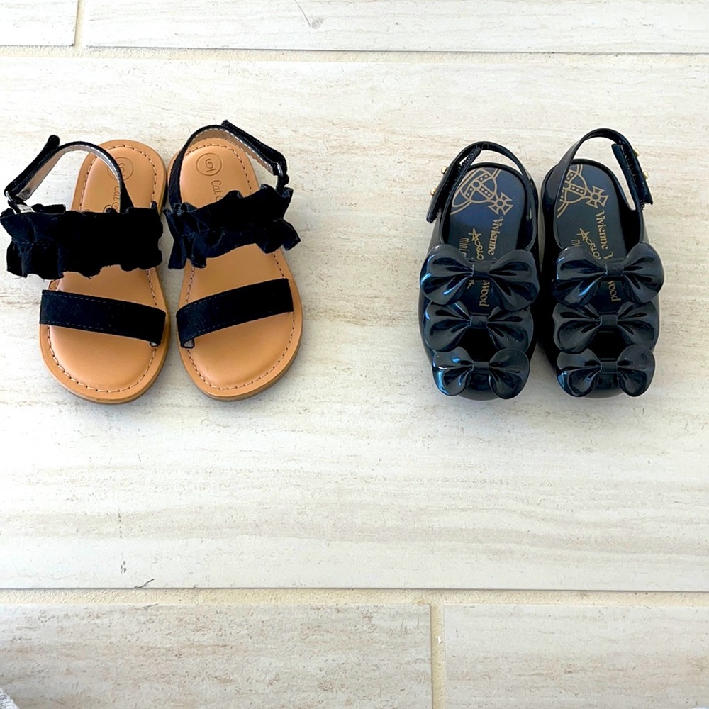 Cat and Jack black ruffle sandals and I know black bow jelly shoes